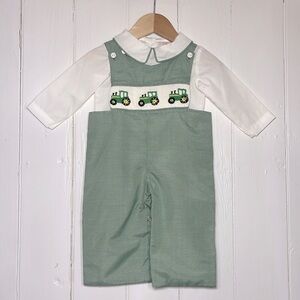 BOUTIQUE NWT Hand Smocked Tractor Longall Peter Pan Collar Shirt Matching Set